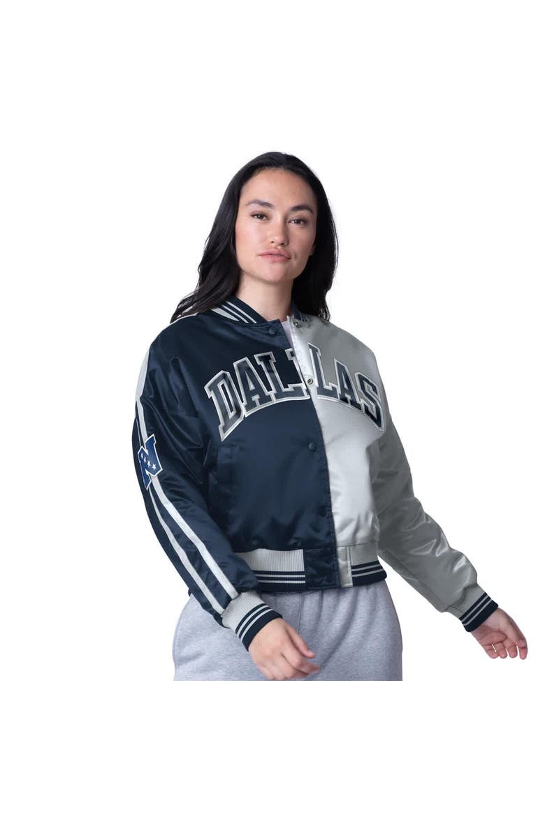 Women's Starter  Navy/Silver Dallas Cowboys Zone Blitz Cropped Full-Snap Satin Jacket, Main, color, Navy
