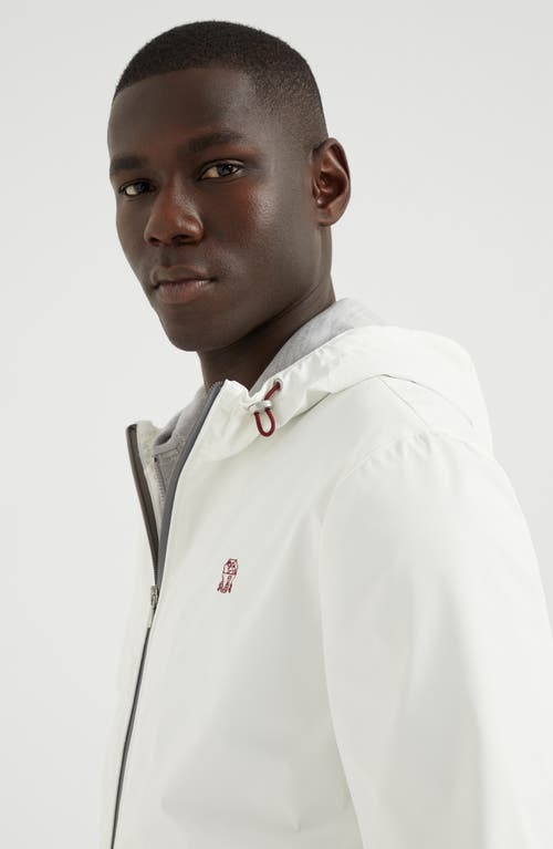 Brunello Cucinelli Men Bonded Nylon Hooded Outerwear Jacket With Logo In Off-white
