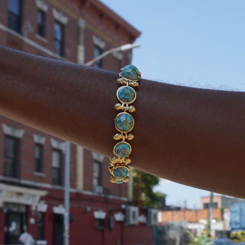 Luvmyjewelry Summer Nights Yellow Gold Plated Silver Turquoise Gemstone Diamond Women Bracelet In 14kt Gold Vermeil On Sterling