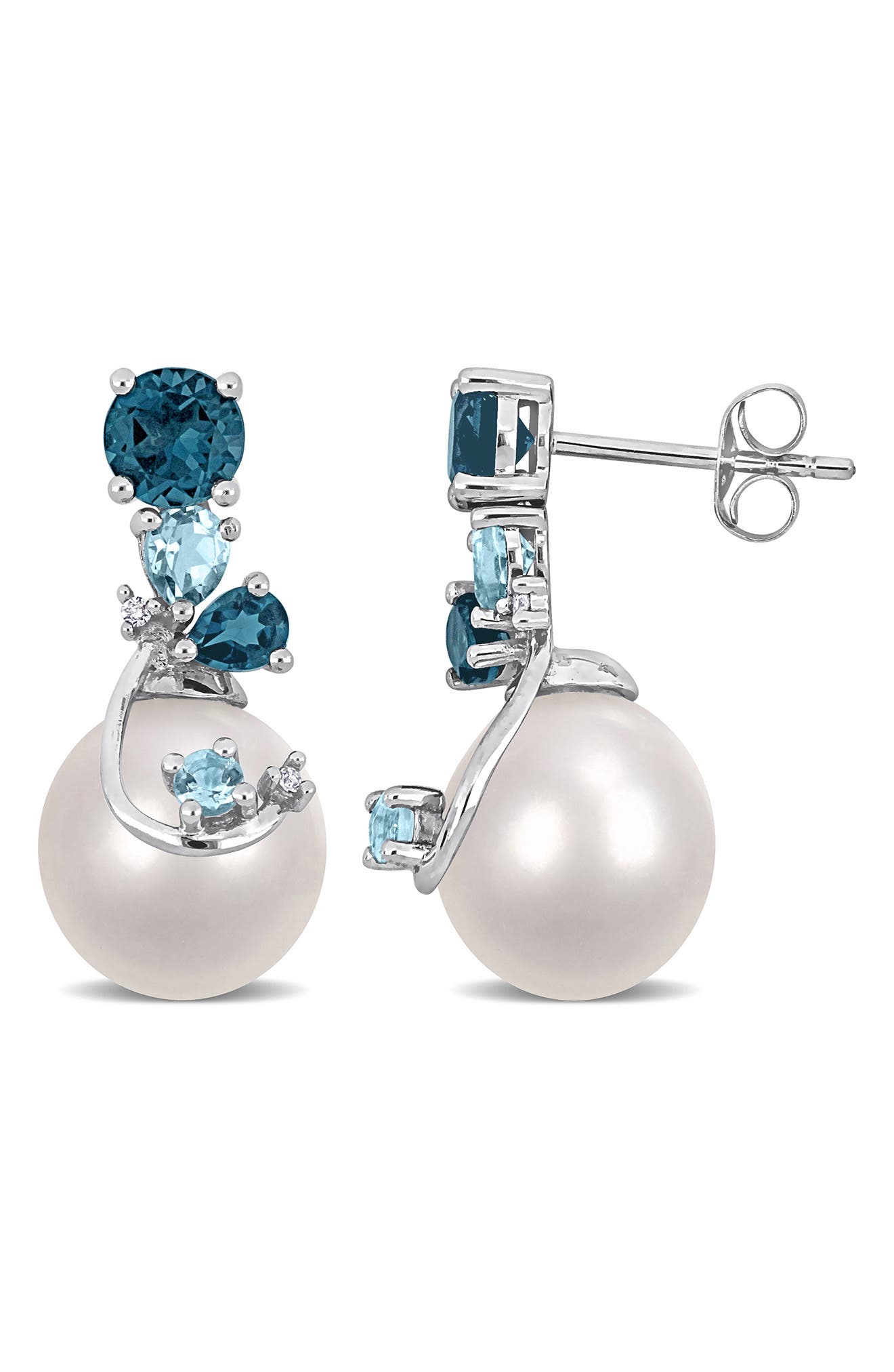DELMAR Diamond, Blue Topaz & 9-10mm Cultured Pearl Earrings