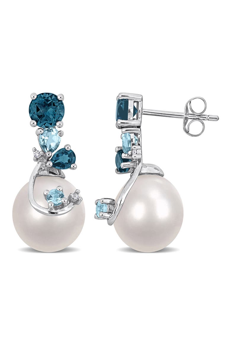 Diamond, Blue Topaz & 9-10mm Cultured Pearl Earrings, Main, color, BLUE