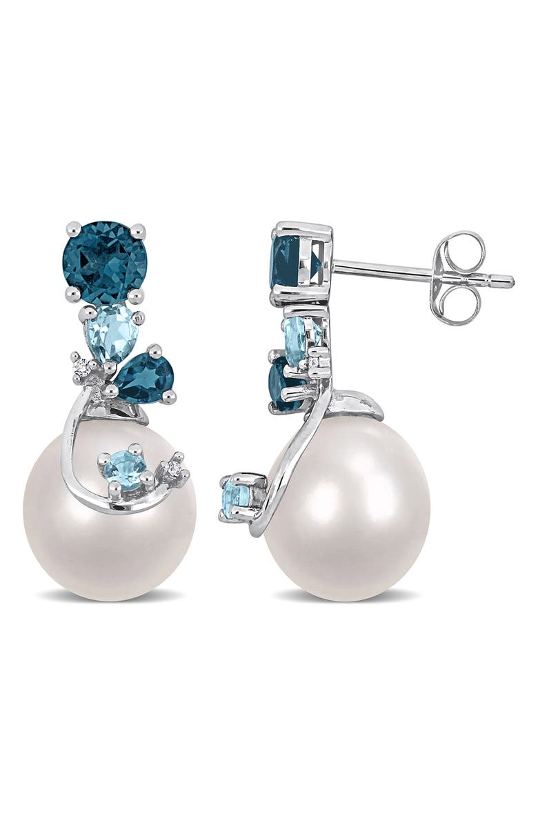 DELMAR Diamond, Blue Topaz & 9-10mm Cultured Pearl Earrings, Main, color, Blue