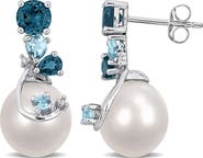 DELMAR Diamond, Blue Topaz & 9-10mm Cultured Pearl Earrings