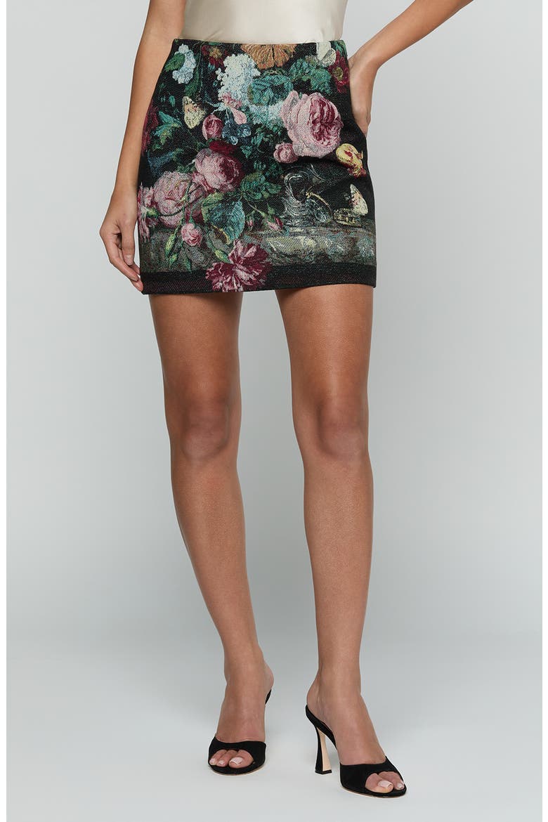 Marseille Floral Tapestry Cotton Blend Miniskirt, Main, color, BLACK MULTI ROSE VASE TAPESTRY