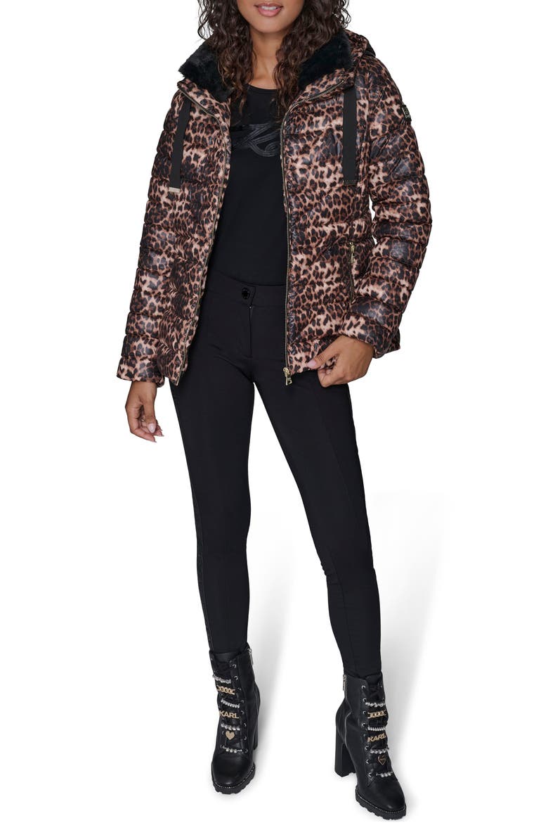 Logo Tape Faux Fur Collar Puffer Jacket, Alternate, color, LEOPARD