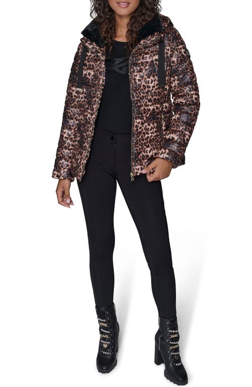 Karl Lagerfeld Paris Logo Tape Faux Fur Collar Puffer Jacket In Brown