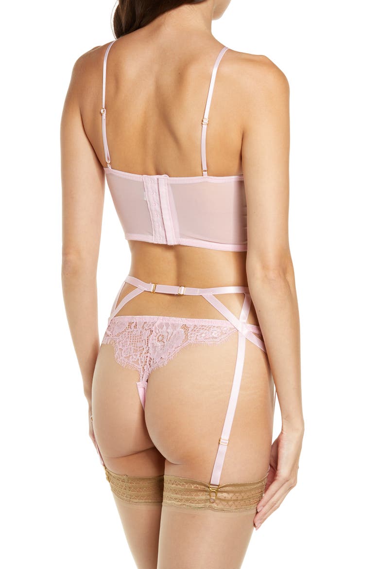 Lace Longline Underwire Bra, Garter Belt & Thong Set, Alternate, color, PINK