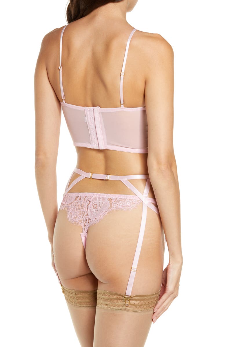 Coquette Lace Longline Underwire Bra, Garter Belt & Thong Set, Alternate, color, Pink