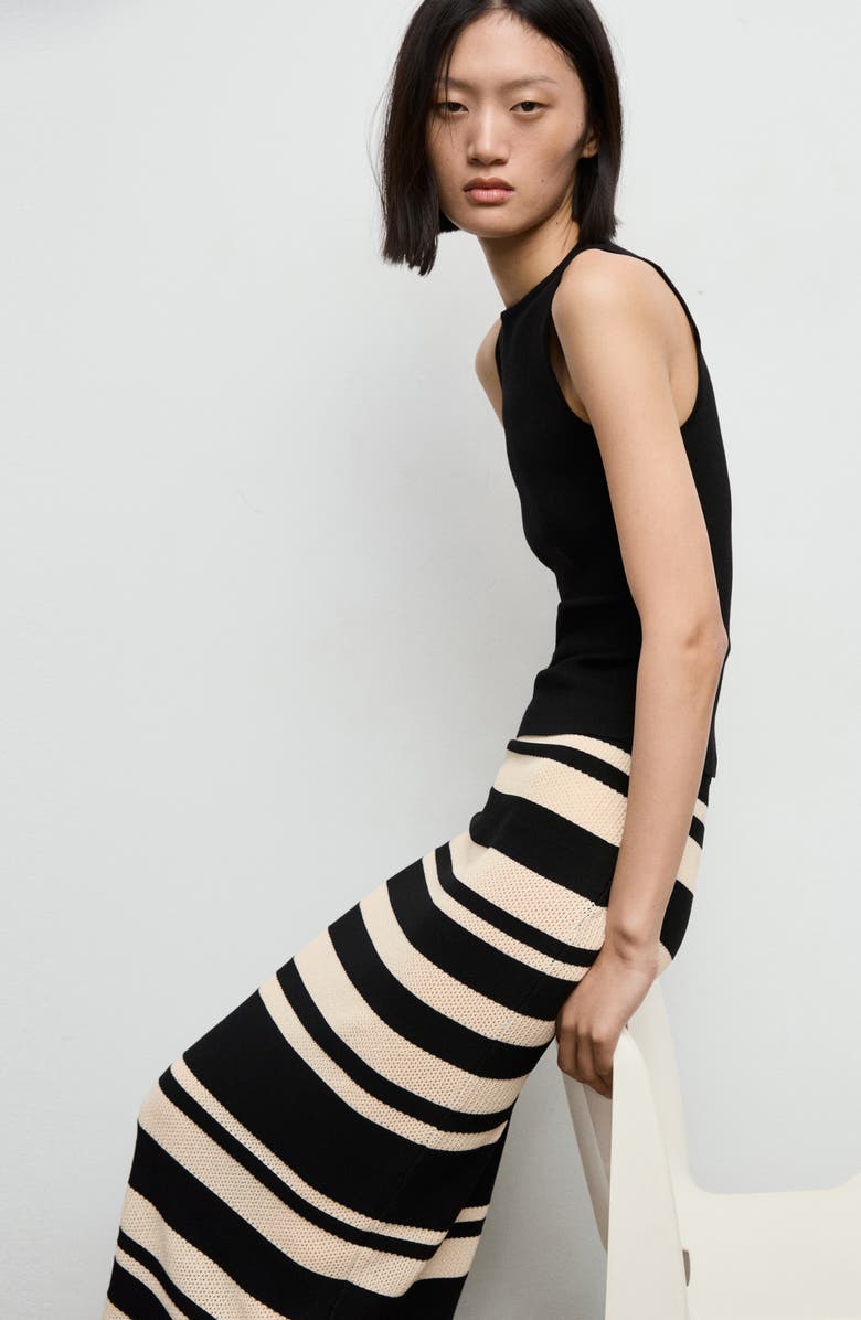 MANGO Stripe Knit Midi Skirt, Alternate, color, Black
