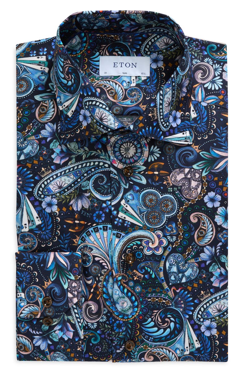 Eton Slim Fit Paisley Dress Shirt, Alternate, color, Navy