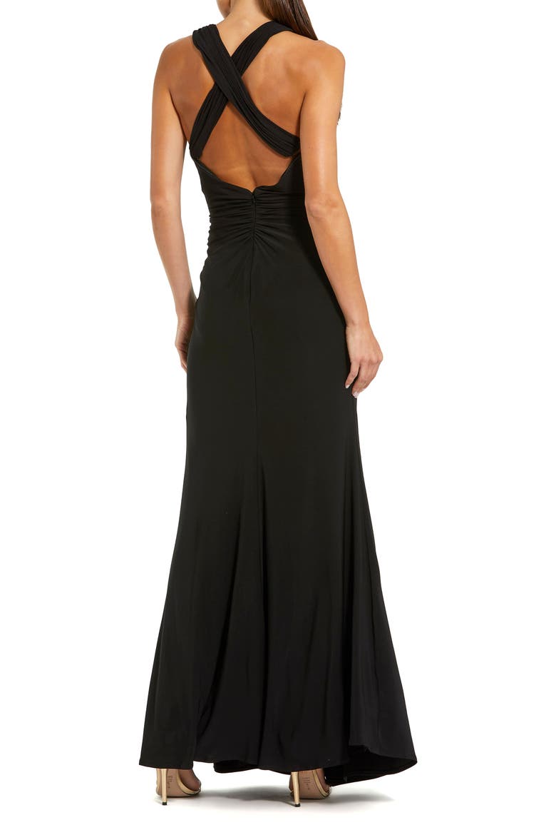 Jersey Halter Gown with Floral Appliqué, Alternate, color, Black