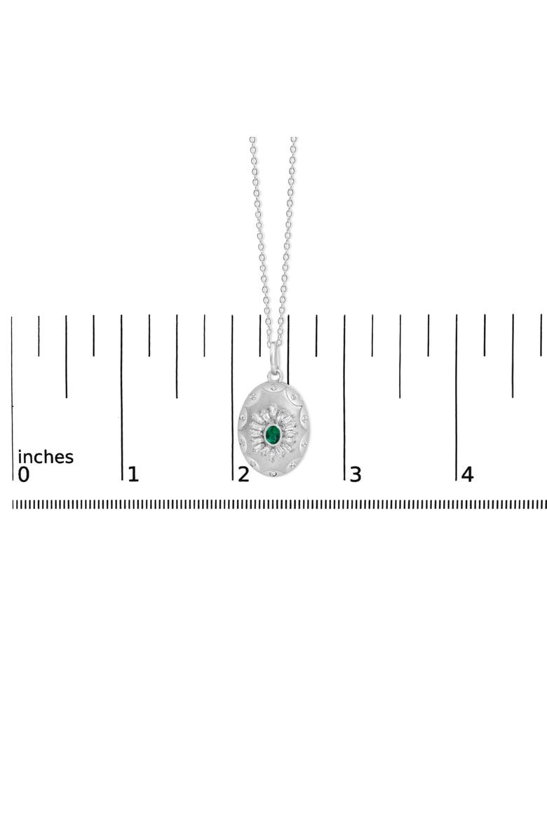 Sterling Silver Lab Grown Emerald and Diamond Sunburst Medallion Pendant Necklace, Alternate, color, Silver