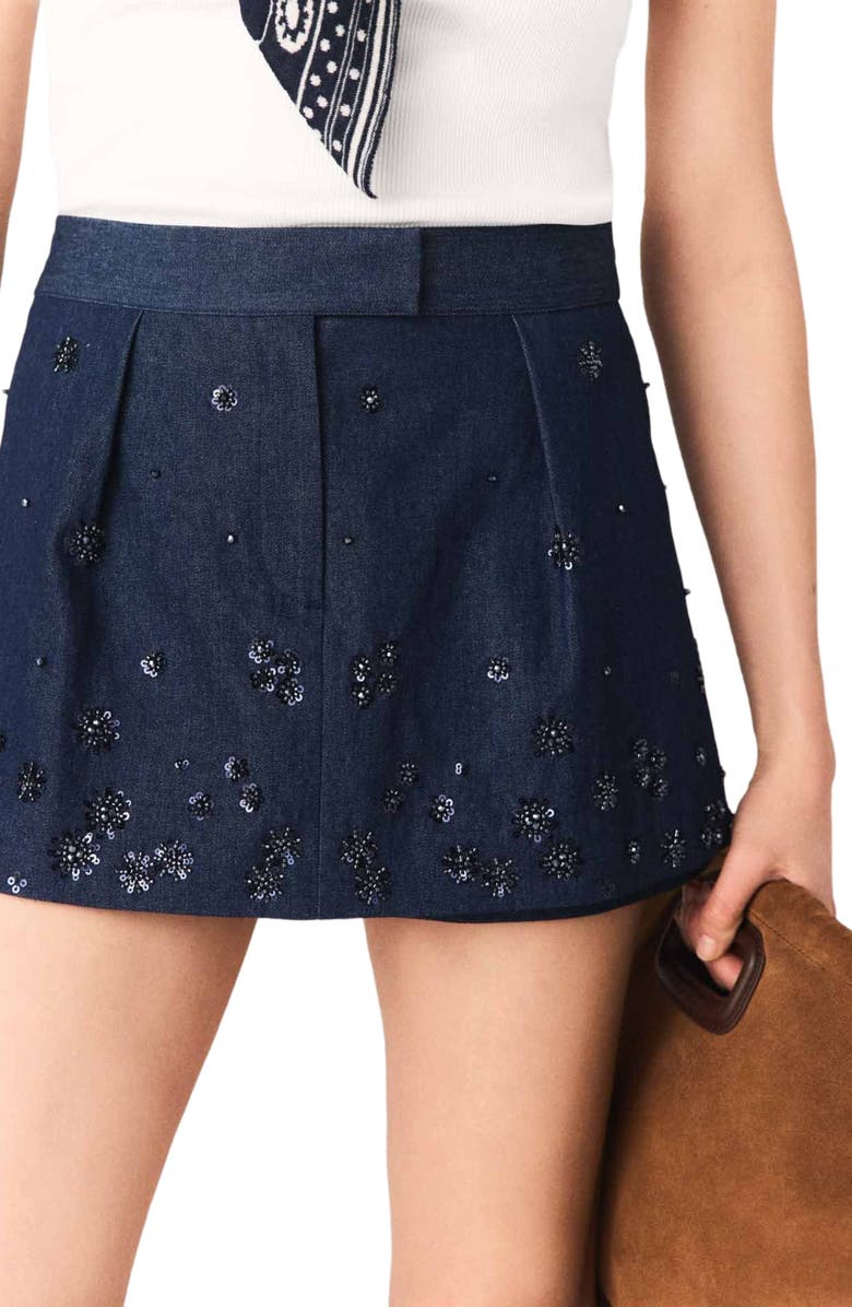 maje Embroidered layered denim shorts, Alternate, color, Navy