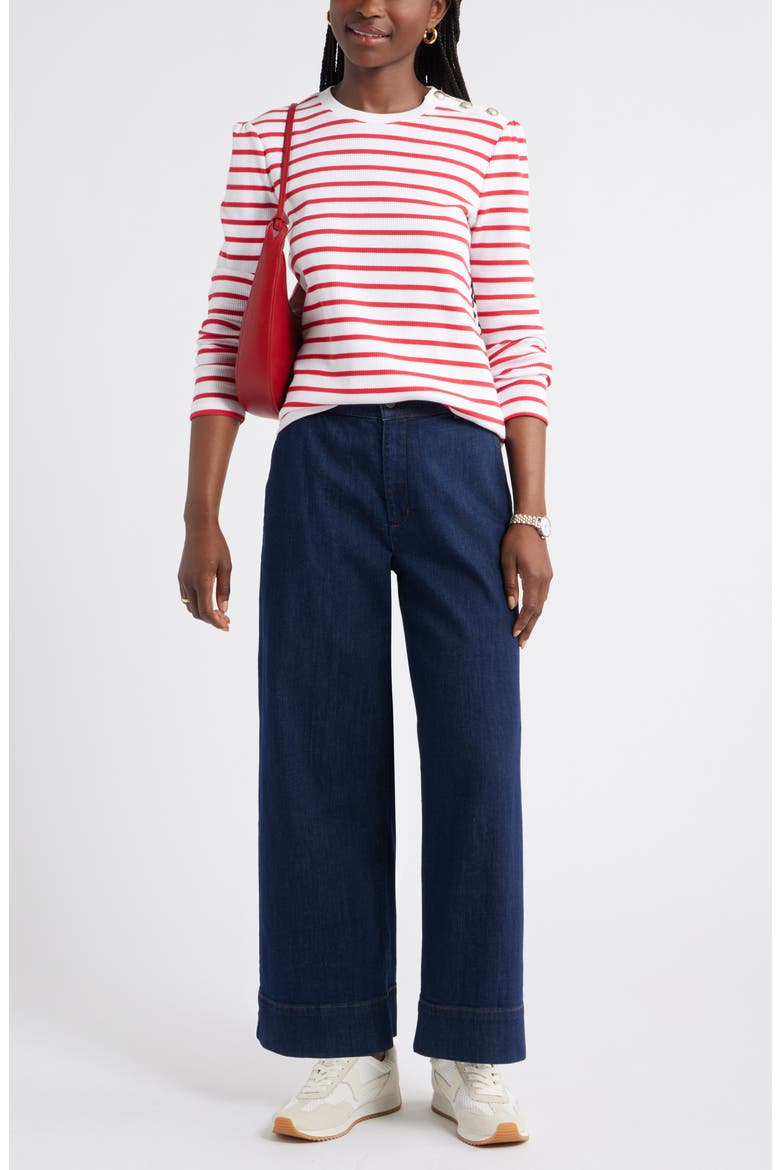 Stripe Button Shoulder Long Sleeve Rib T-Shirt, Alternate, color, WHITE- RED JOSEPHINE STRIPE