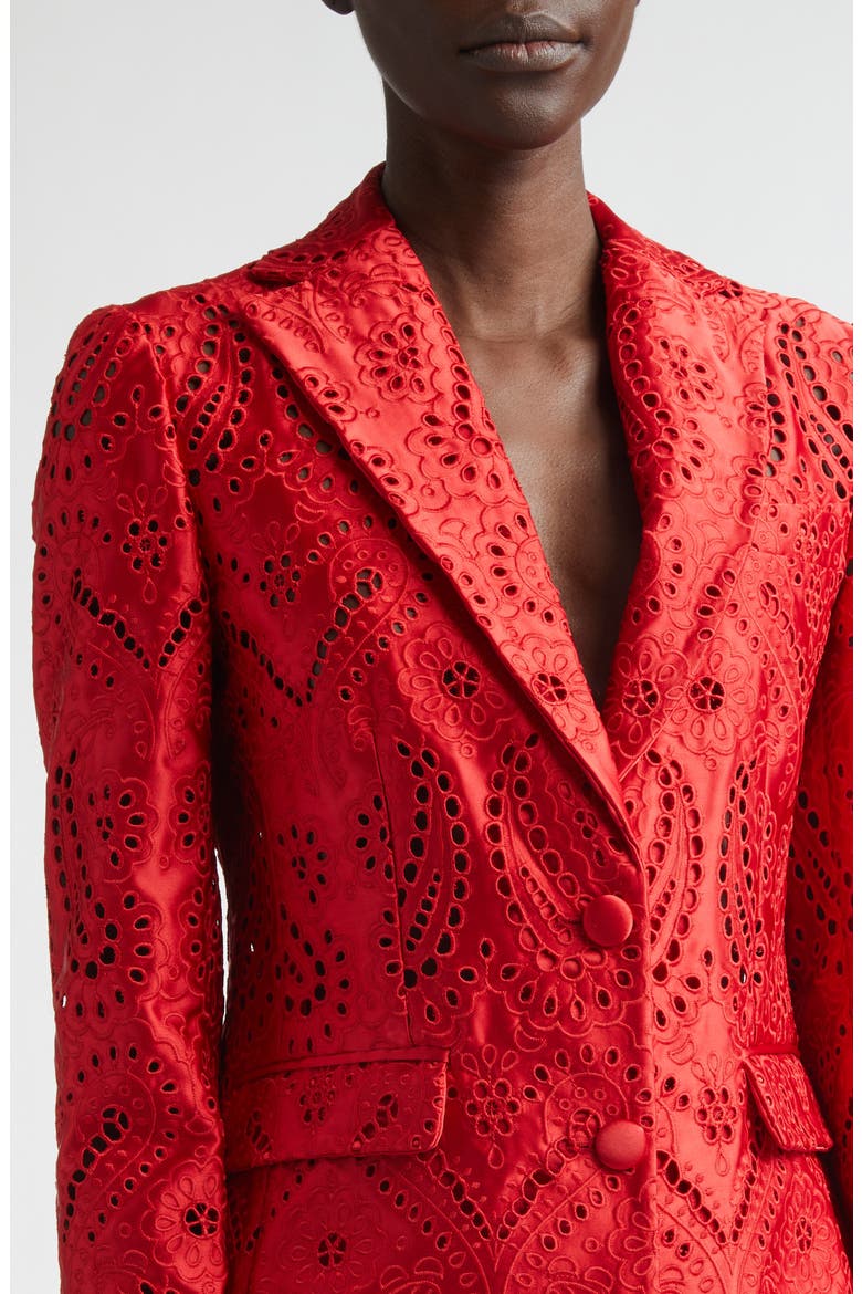 Paisley Eyelet Duchess Satin Blazer, Alternate, color, RED