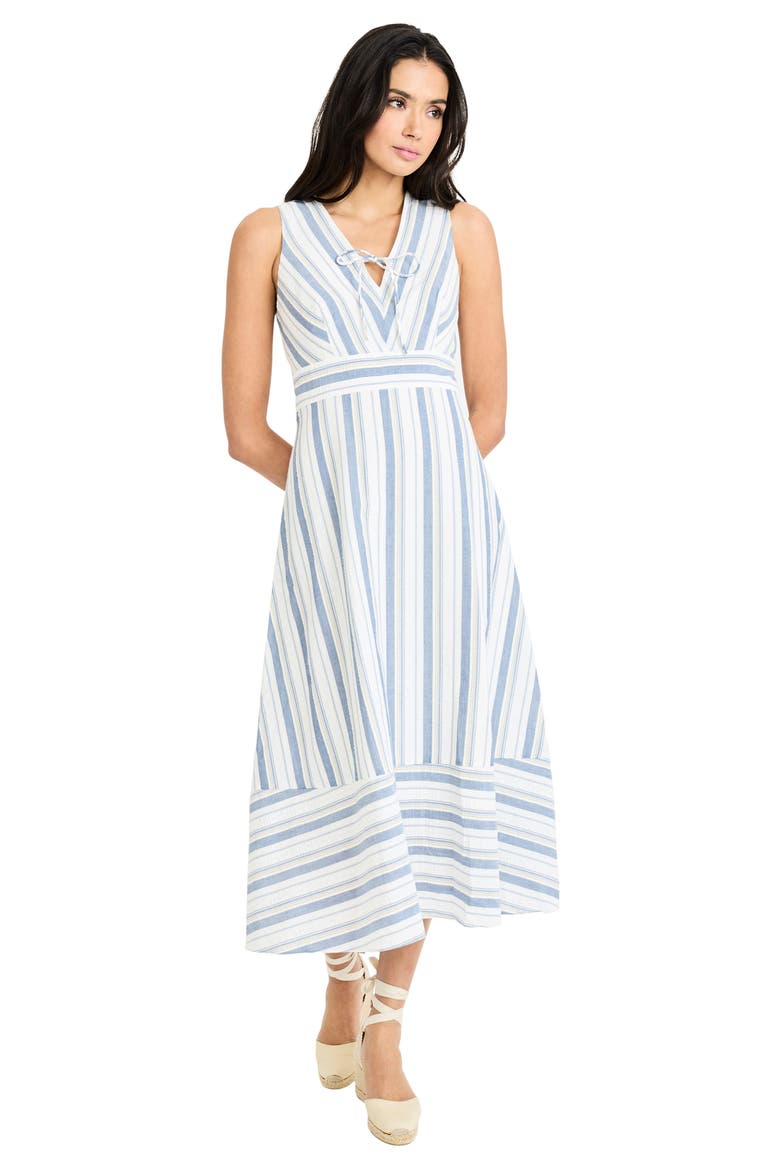 Stripe V-Neck Midi Dress, Alternate, color, IVORY/ BLUE/ YELLOW
