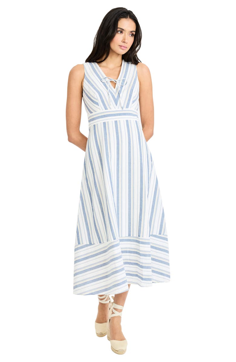 Maggy London Stripe V-Neck Midi Dress, Alternate, color, Ivory/ Blue/ Yellow