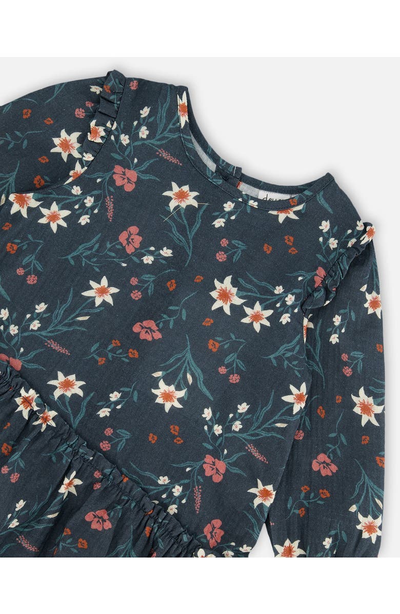 Deux par Deux Little Girl's Printed Muslin Long Top Teal With Flowers, Alternate, color, 