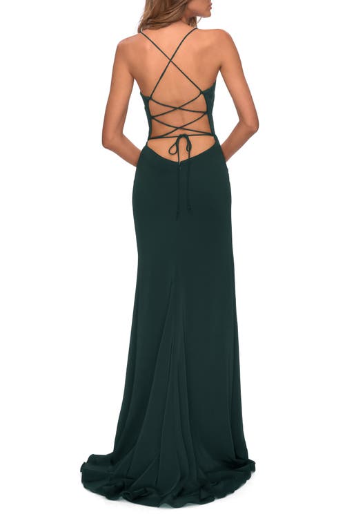 La Femme Ruffle Prom Dress With Scoop Neck And Lace Up Back In Emerald