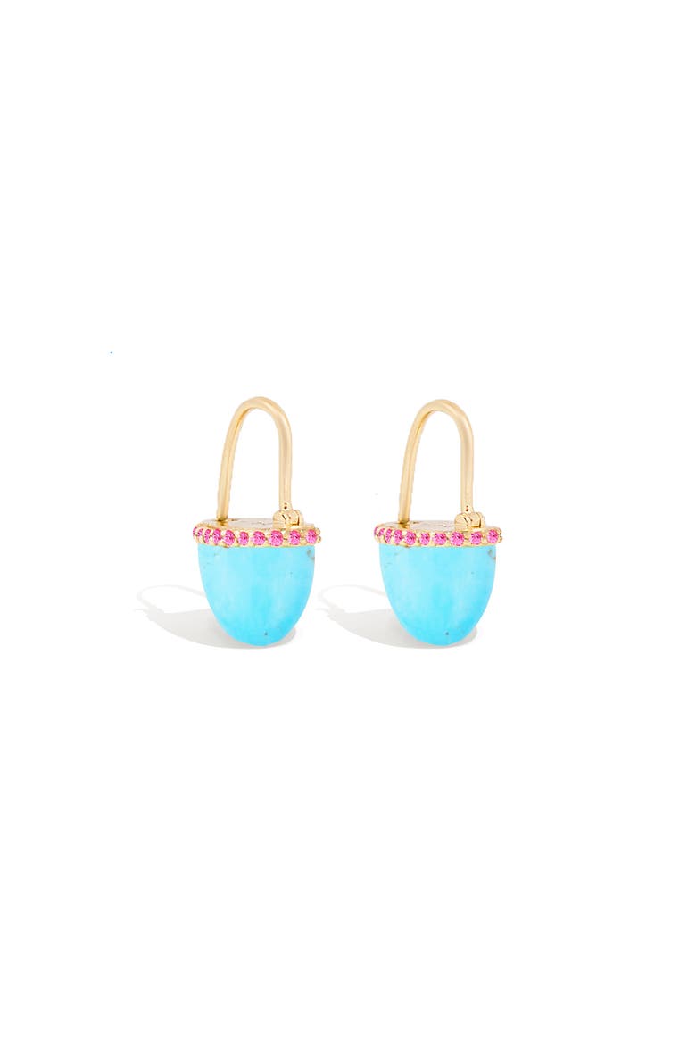Found Cap Huggie Earring, Main, color, Turquoise & Pink Sapphire-Gold