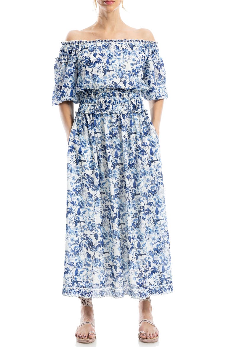 Floral Balloon Sleeve Georgette Maxi Dress, Alternate, color, CREAM/ BLUE LUSH GRDN TOILE