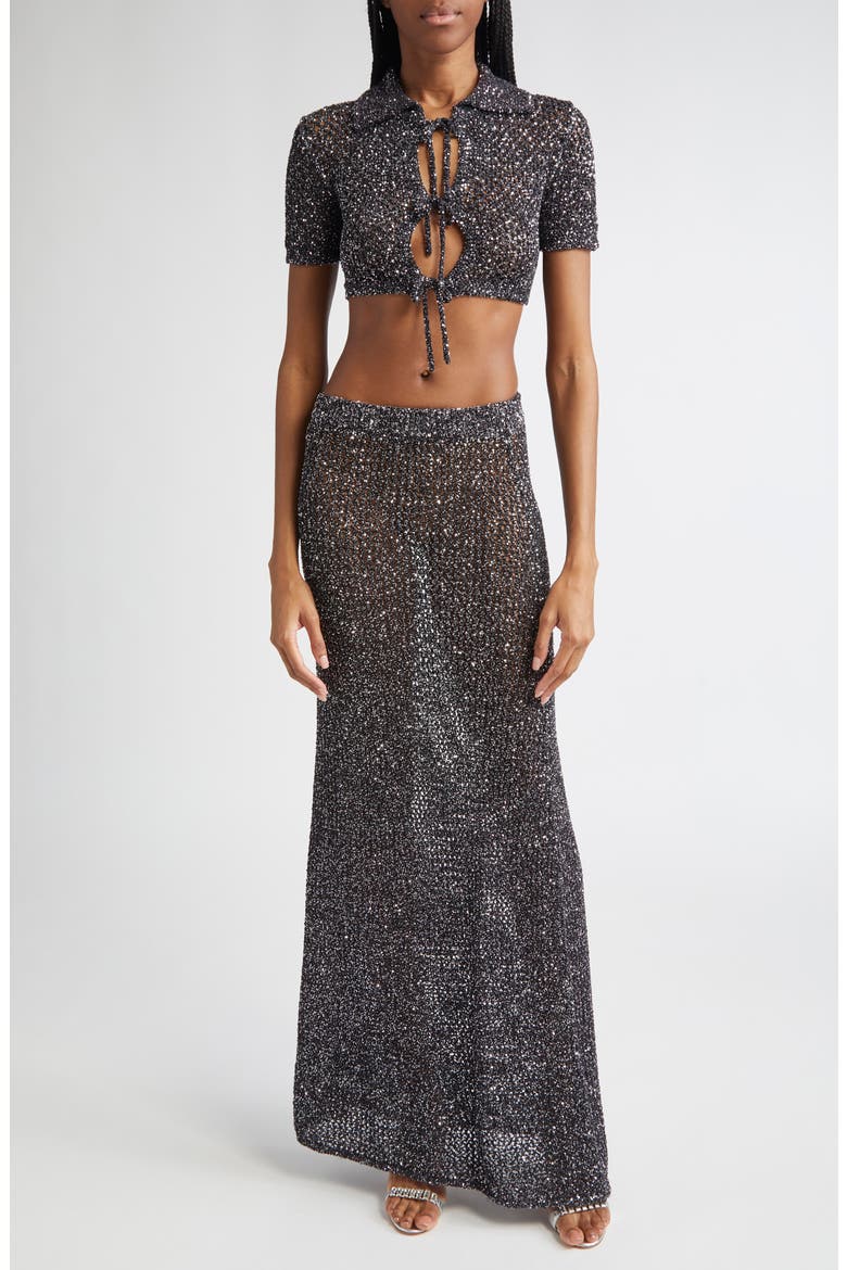Sequin Crochet Maxi Skirt, Alternate, color, BLACK