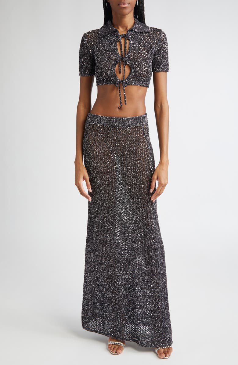 Area Sequin Crochet Crop Cardigan, Alternate, color, Black