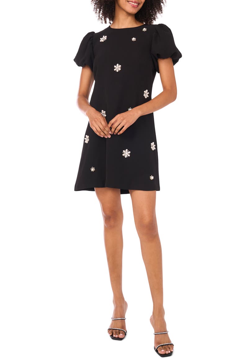 Embellished Puff Sleeve Sheath Dress, Main, color, RICH BLACK