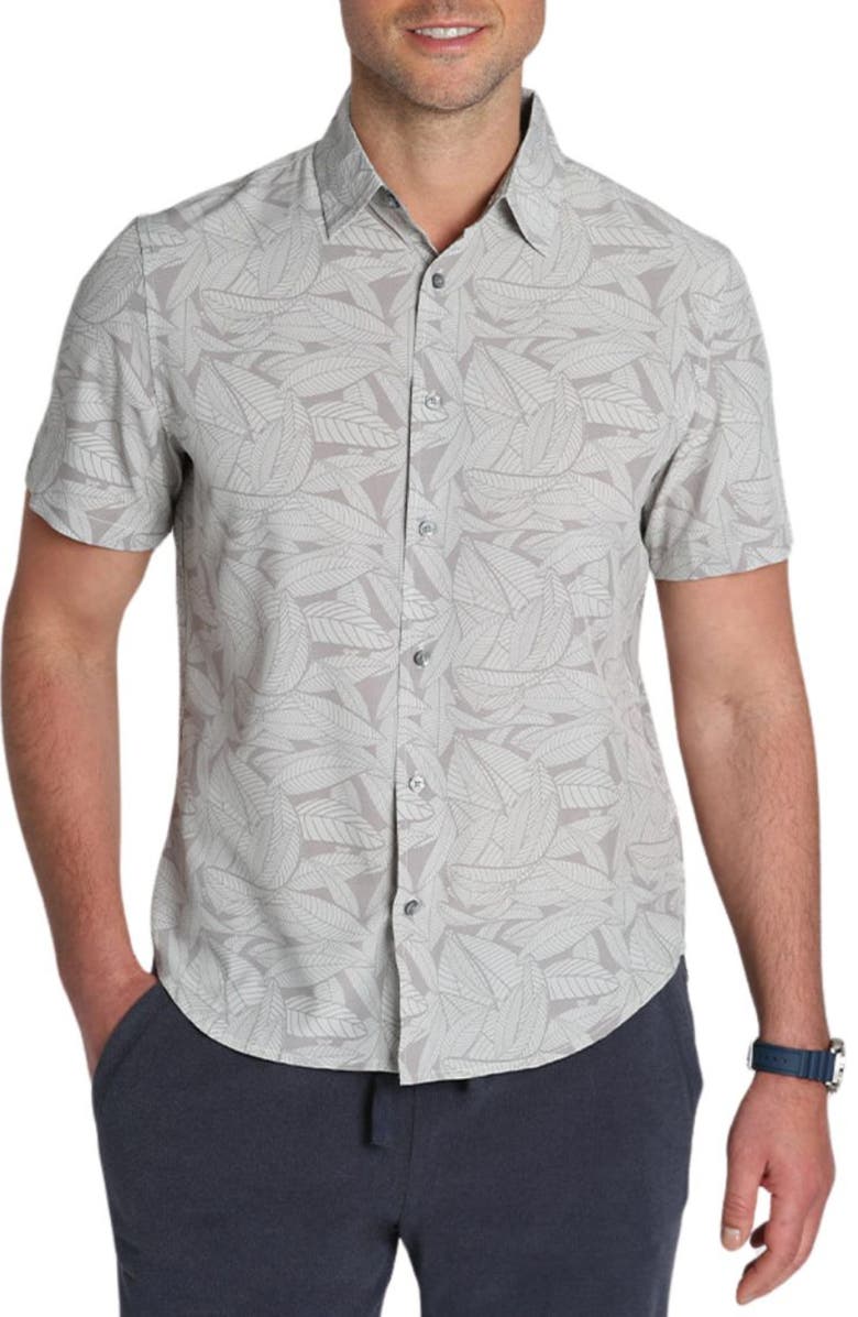 JACHS Leaf Print Gravityless Short Sleeve Button-Up Shirt, Main, color, 