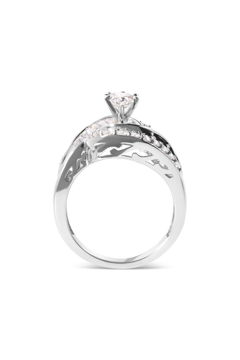14K White Gold 1.00 Cttw Round and Baguette cut Diamond Swirl Cocktail Ring (H-I Color, SI2-I1 Clarity) - Ring Size 7, Alternate, color, White Gold