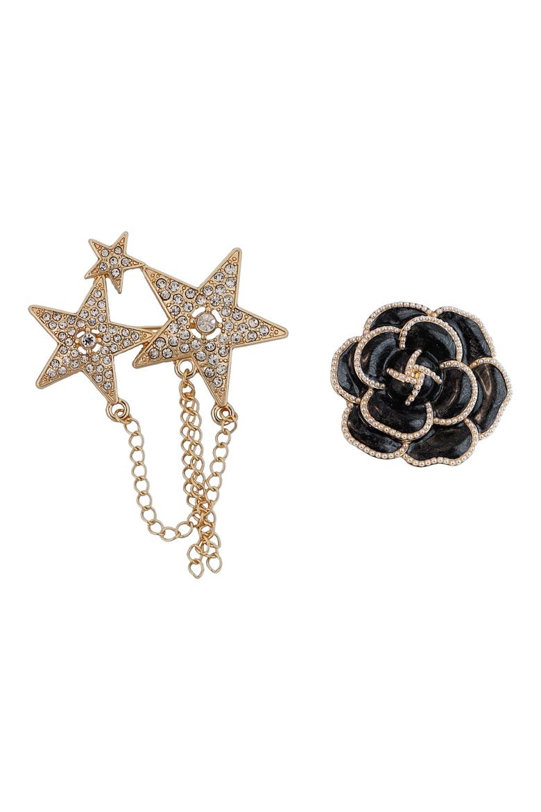 Set of 2 Star and Flower Brooches, Main, color, BLACK