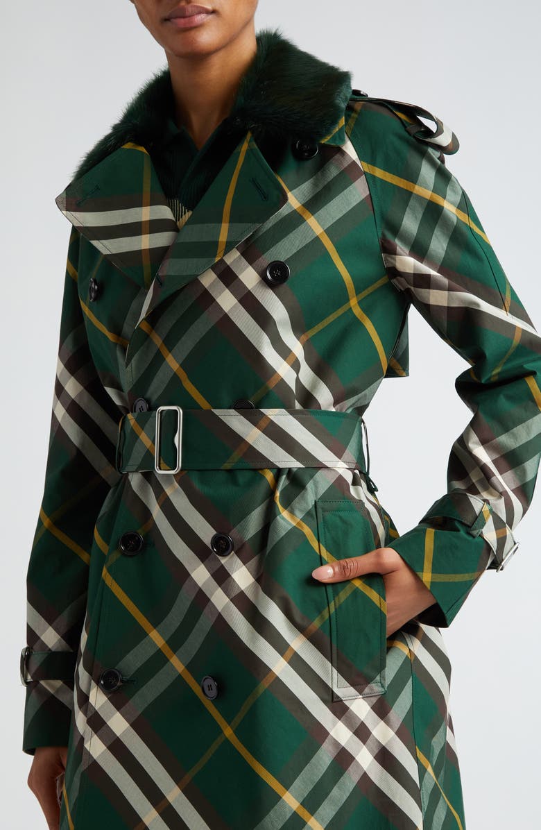 Burberry Check Water Resistant Gabardine Trench Coat with Removable Faux Fur Collar, Alternate, color, 