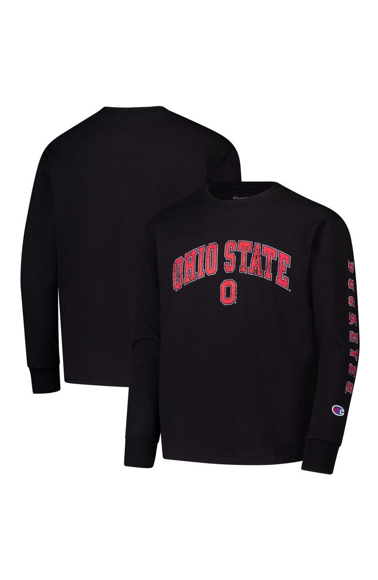 Champion Youth Champion Black Ohio State Buckeyes Distressed Arch Over Logo Long Sleeve T-Shirt, Main, color, Black