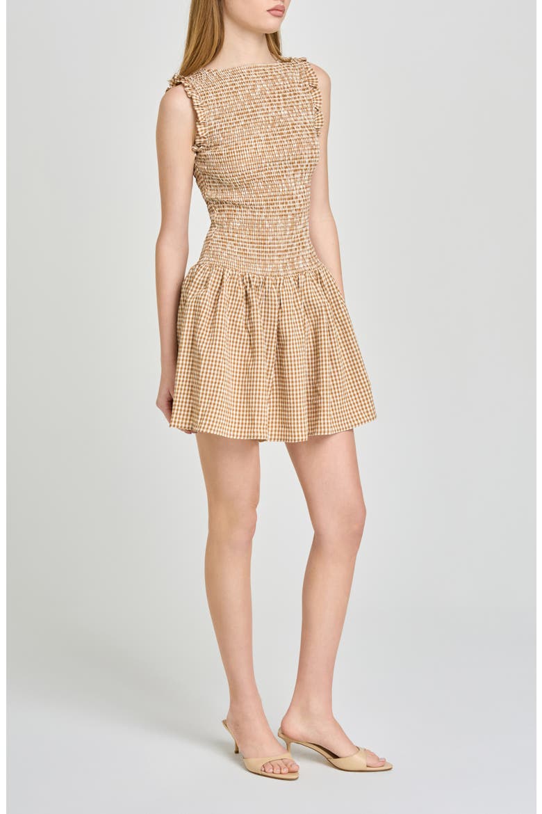 Esme Gingham Smocked Bodice Drop Waist Minidress, Alternate, color, TAN