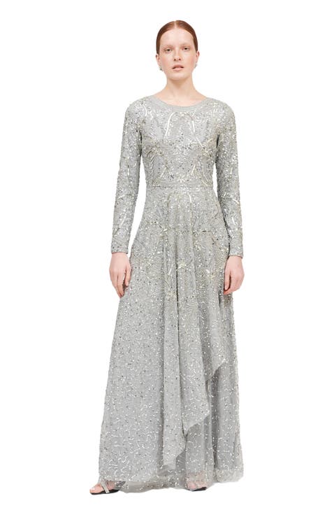 Occasion Modest Embellished Sequin Beaded Floral Overlap Evening Gown