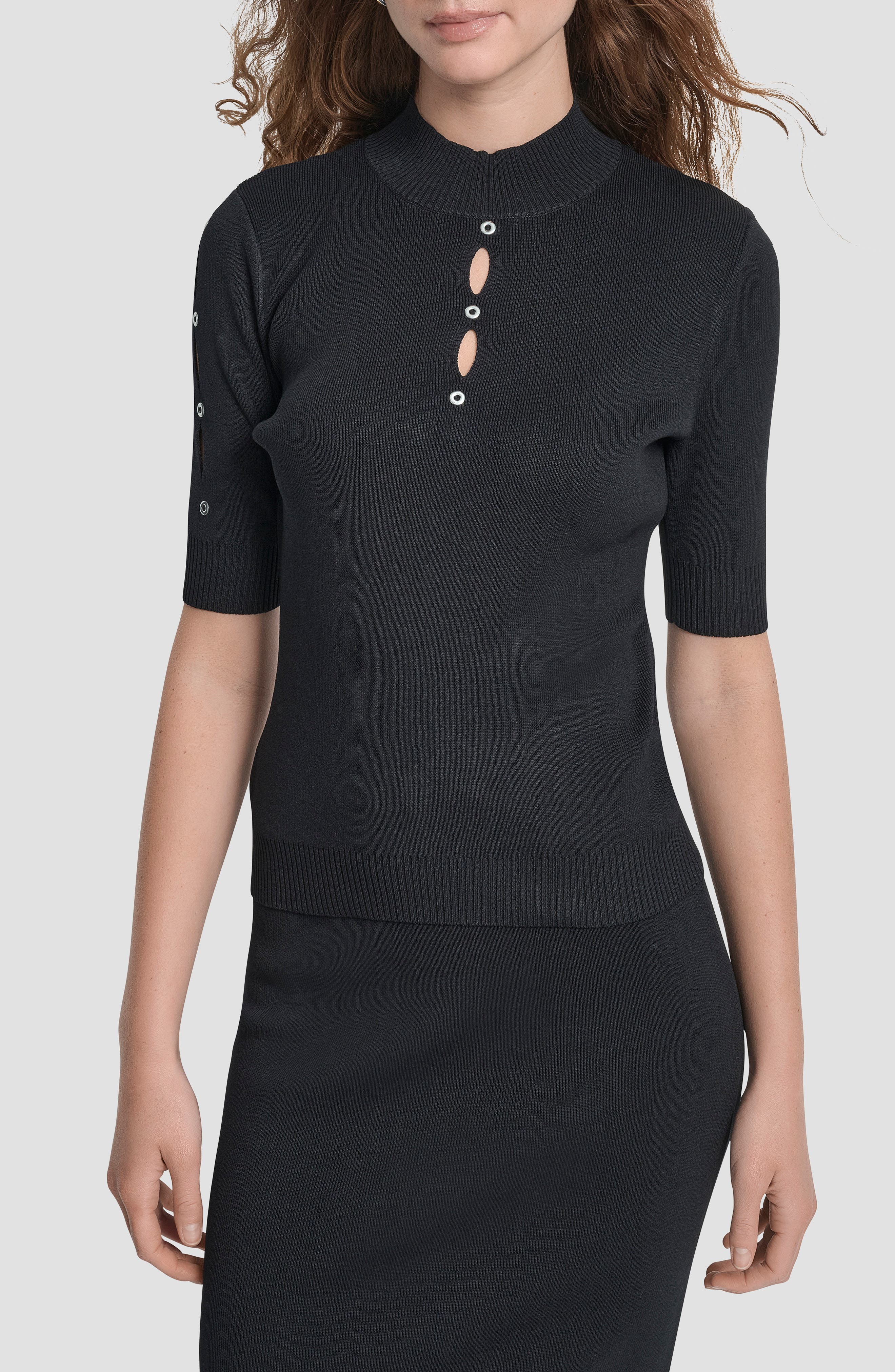 DKNY Cutout Grommet Mock Neck Sweater