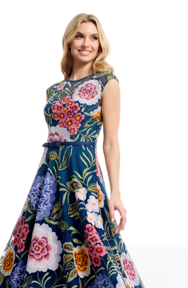 Dress the Population Serenity Floral Embroidery Cocktail Midi Dress, Alternate, color, Navy Multi