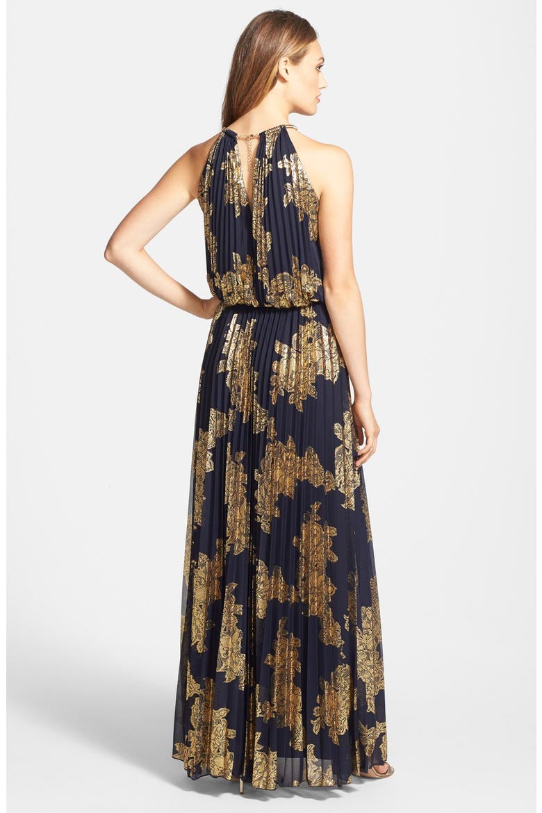 Xscape Foiled Blouson Gown, Alternate, color, NAVY/ GOLD