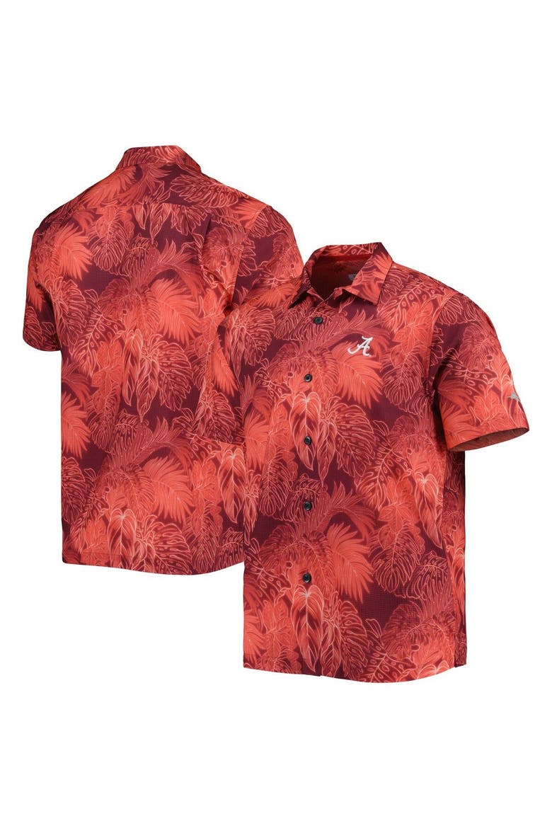 Men's Tommy Bahama Crimson Alabama Crimson Tide Coast Luminescent Fronds IslandZone Button-Up Camp Shirt, Main, color, Crimson