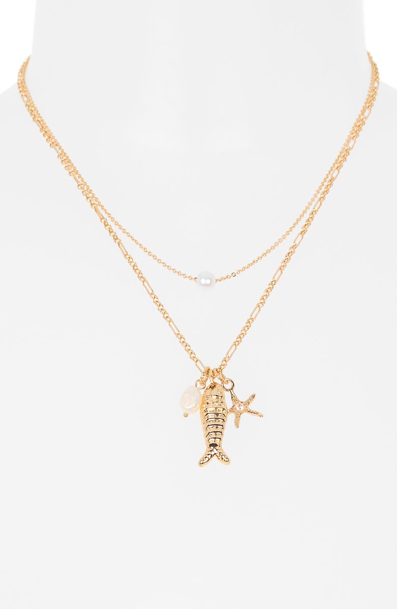 Leith Set of 2 Freshwater Pearl & Fish Charm Necklaces, Alternate, color, White- Gold