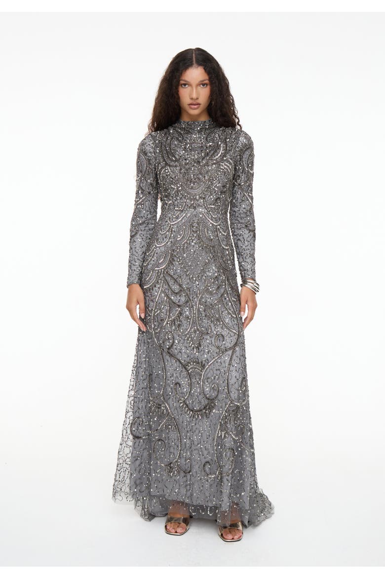 Modest Embellished Sequin Beaded Dress Maxi With Cowl Neck, Main, color, CHARCOAL