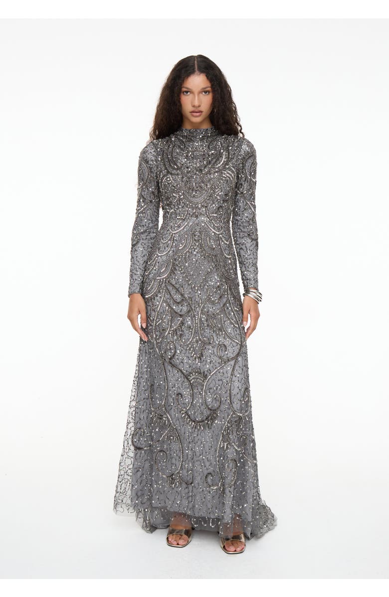 MARYISA Modest Embellished Sequin Beaded Dress Maxi With Cowl Neck, Main, color, Charcoal
