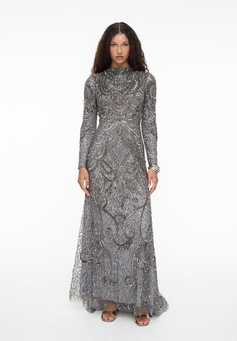 Modest Embellished Sequin Beaded Dress Maxi With Cowl Neck