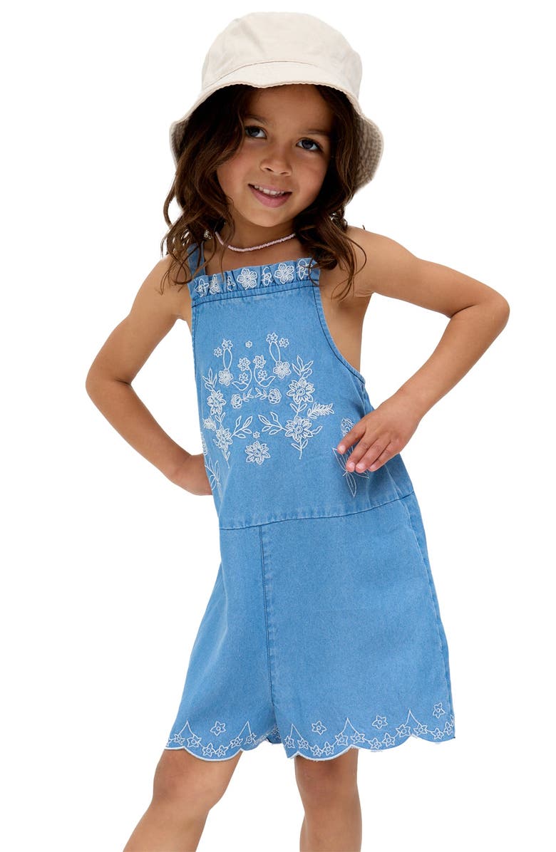 Raffya Kids Rachel Scalloped Hem Embroidered Romper, Alternate, color, Blue