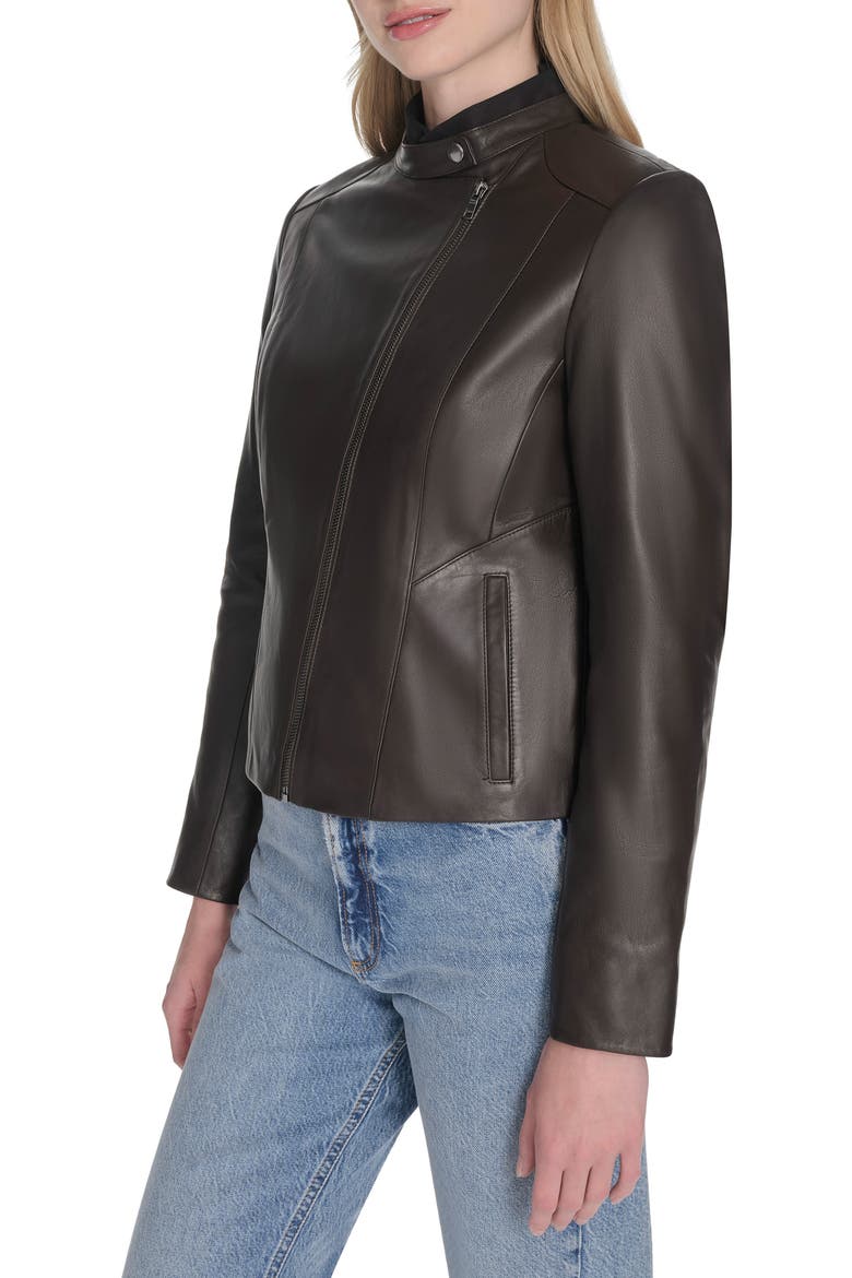 Band Collar Leather Moto Jacket, Alternate, color, DARK ESPRESSO