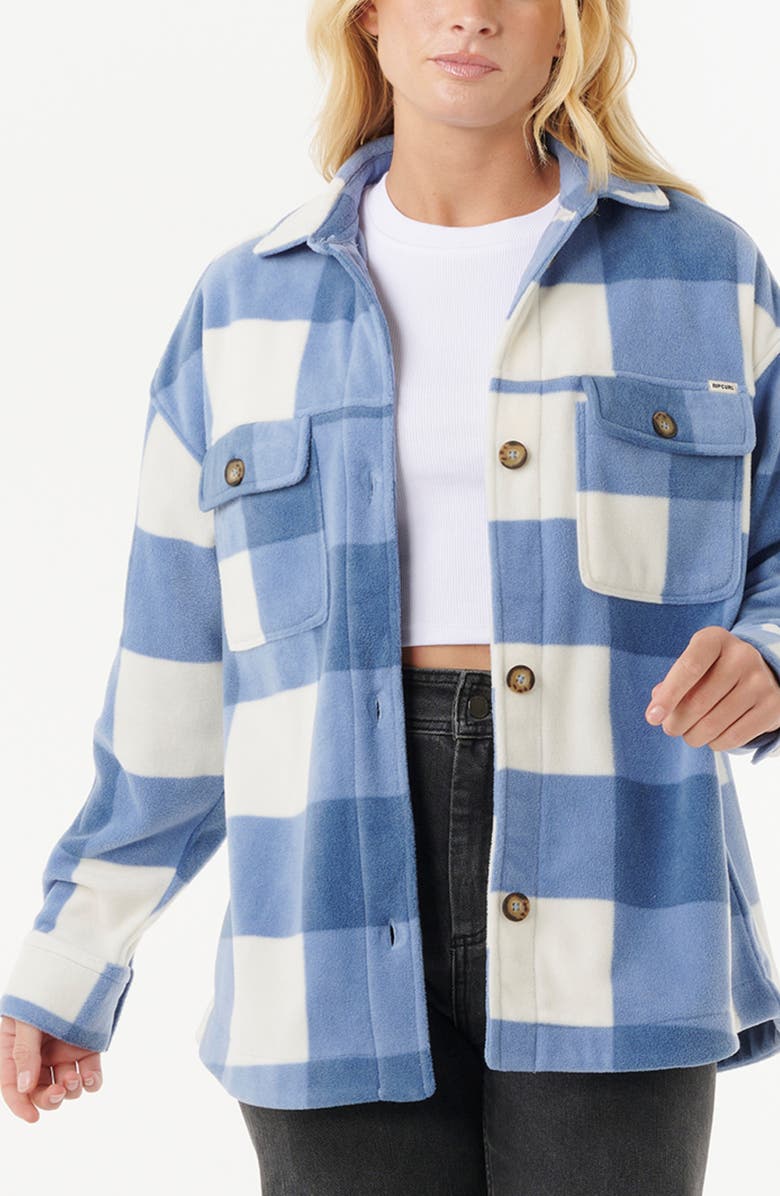 Rip Curl Neon Isles Plaid Fleece Button-Up Shirt, Main, color, Blue