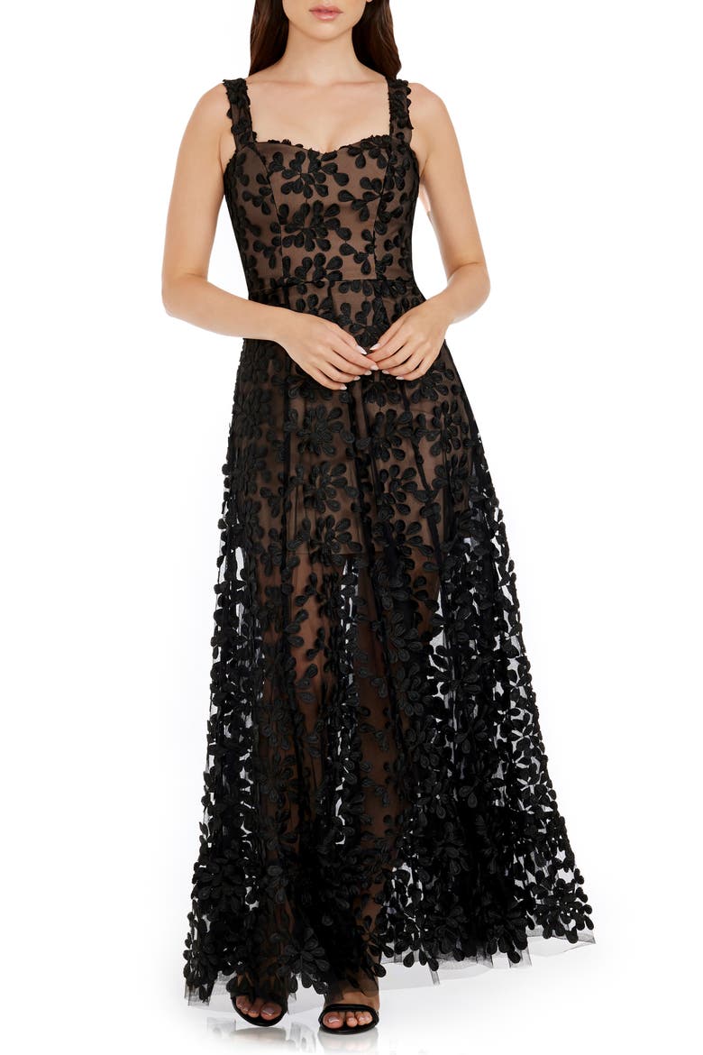 Anabel Semisheer Sweetheart Neck Gown, Main, color, BLACK