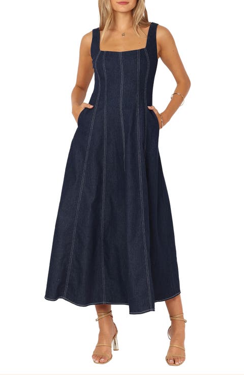 Casual Ripped Pocket Backless Slit Spaghetti Strap SleevelessDenim Dresses