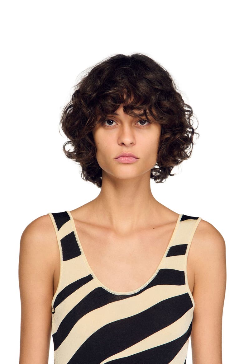 Zebra print knit bodysuit, Alternate, color, Ecru / black