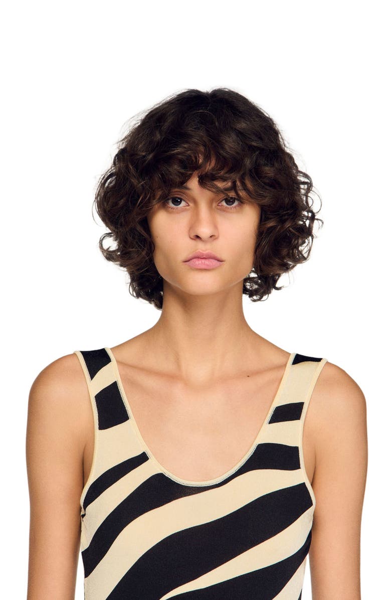 SANDRO Zebra print knit bodysuit, Alternate, color, Ecru / Black